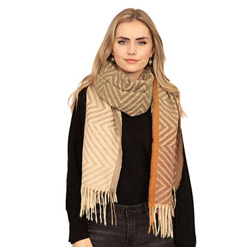 Chevron Patterned Scarf - Beige